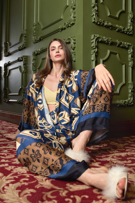 Natali Pyjama Geometrisch Blau Gold Braun
