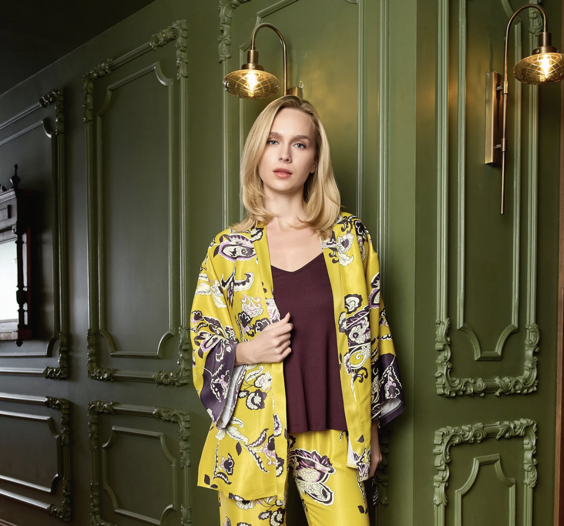 Natali collection - The Natali Mustard Paisley Robe & Trouser Set