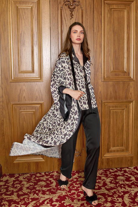 Leopar Morgenmantel Creme Schwarz