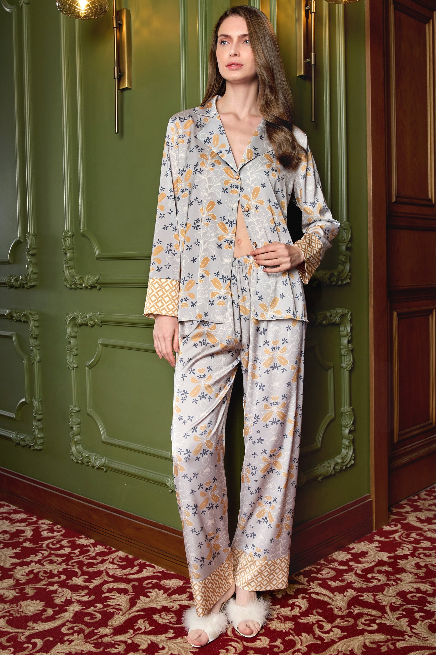 Larissa Pyjama Floral Grau Gold