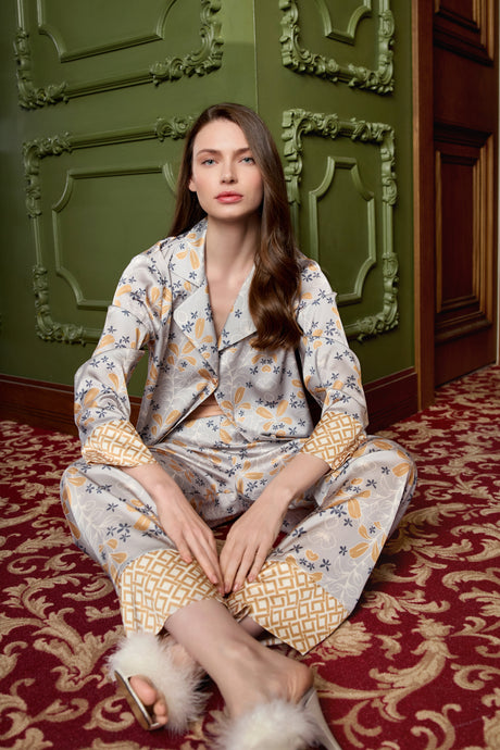 Larissa Pyjama Floral Grau Gold