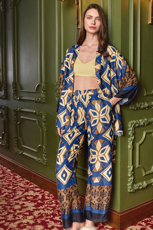 Natali Pyjama Geometrisch Blau Gold Braun