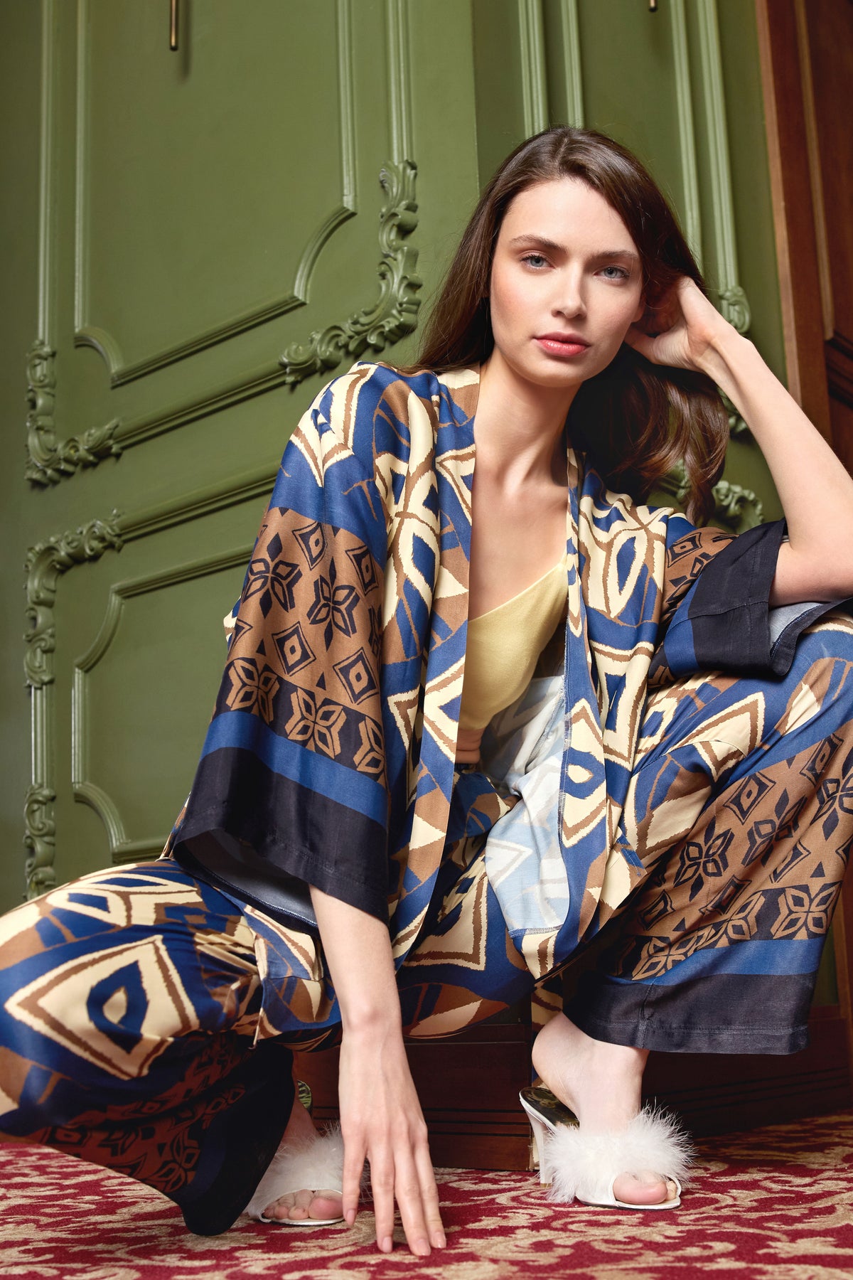 Natali Pyjama Geometrisch Blau Gold Braun