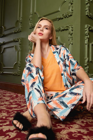 Natali Pyjama Abstrakt Creme Orange Blau